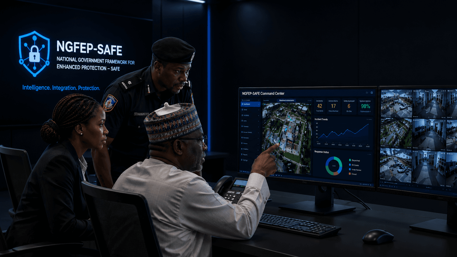 Nigerian university administrators and security officials standing in a state-of-the-art command center with digital dashboards