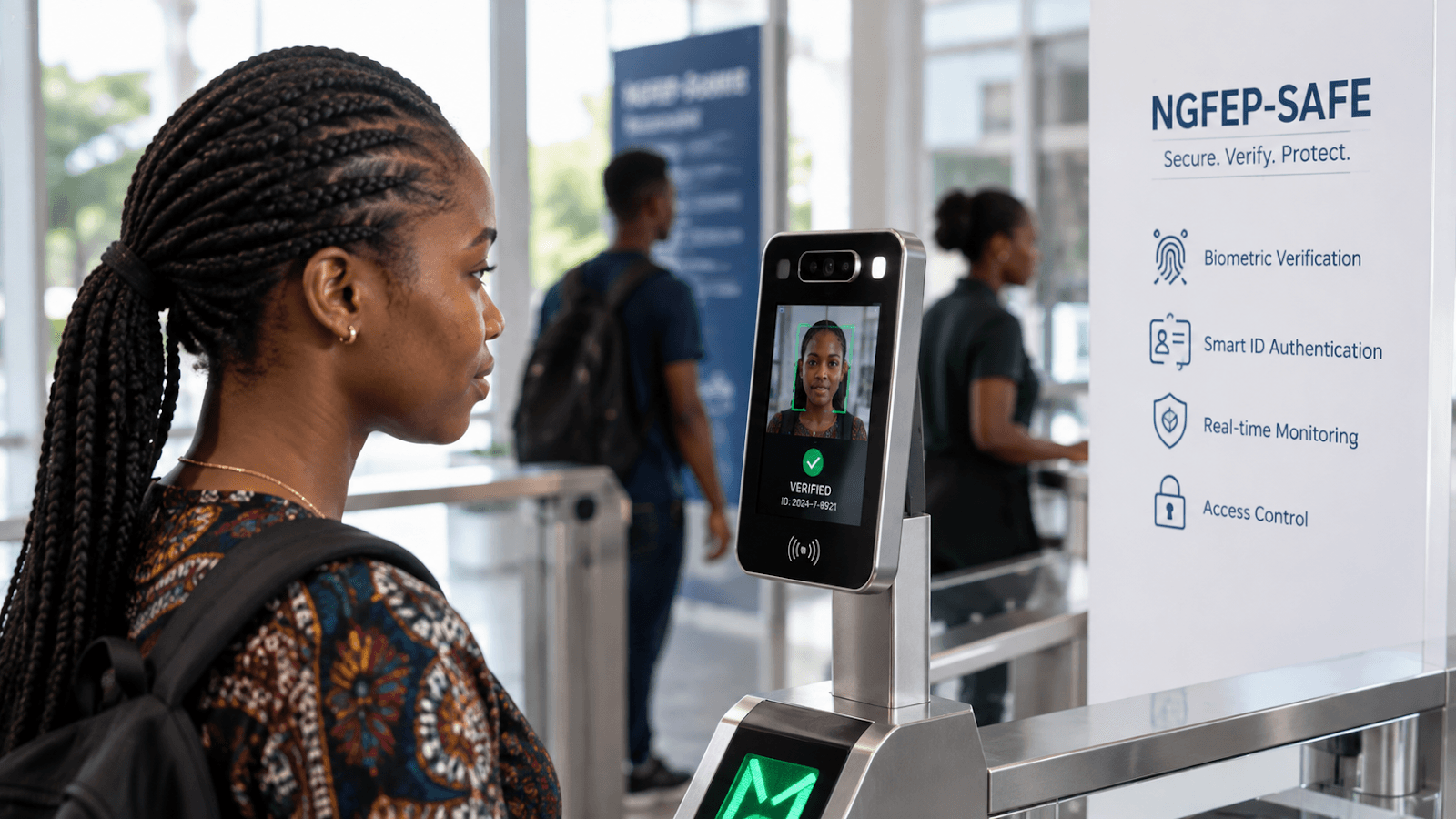 A premium 3D mockup of a high-tech smart ID card for a Nigerian University with embedded RFID chip and NGFEP-SAFE watermarks